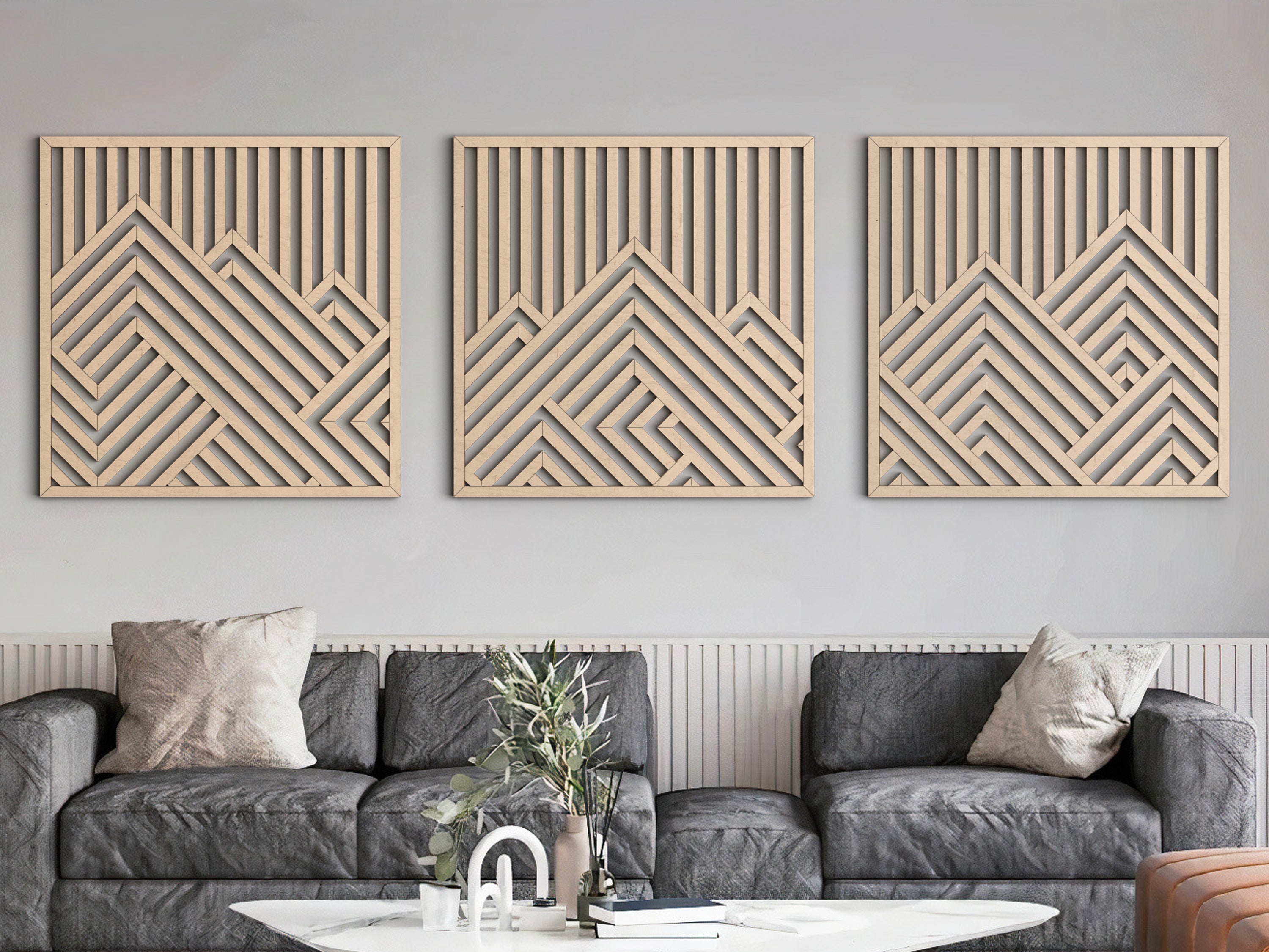 Mountain Wood Wall Decor Panels Set of 3 Square Geometric Wooden Art 